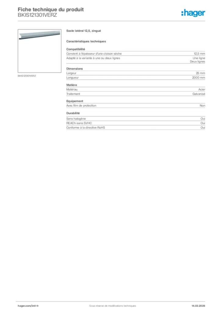 Image Hager Fiche technique du produit BKIS121301VERZ | Hager Afrique