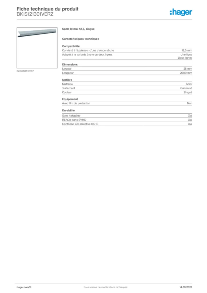 Image Hager Fiche technique du produit BKIS121301VERZ | Hager France