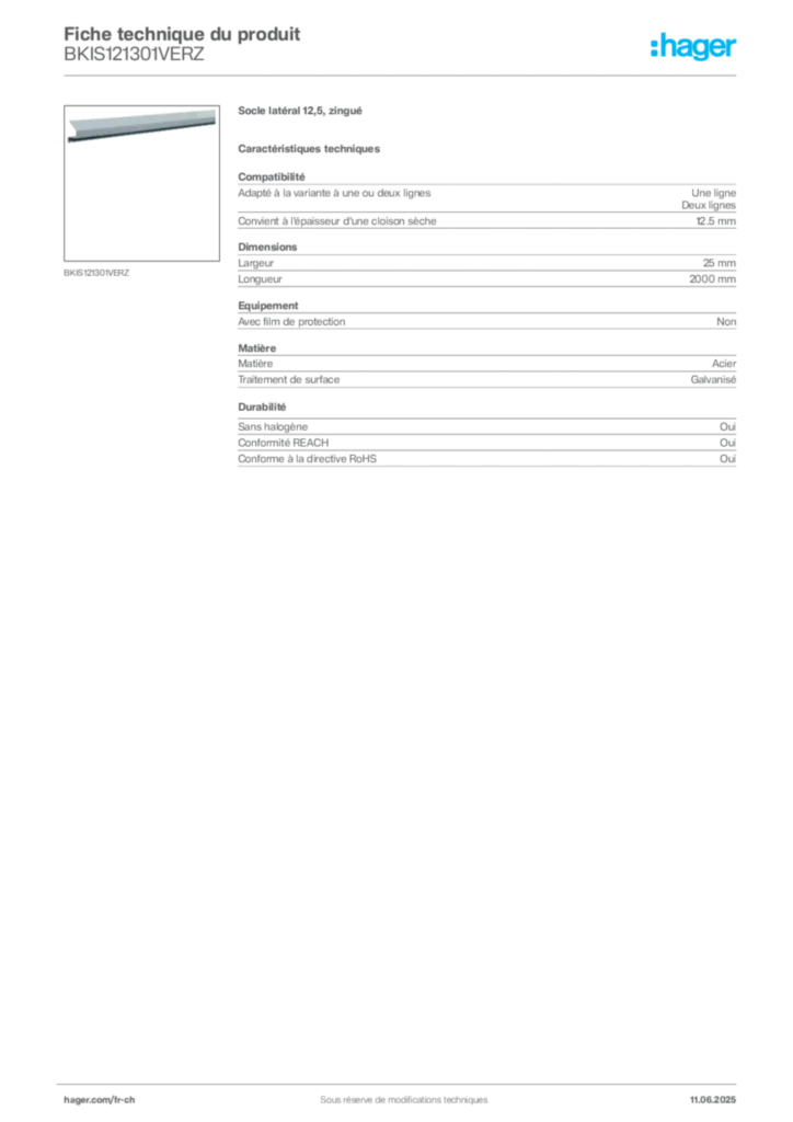 Image Hager Fiche technique du produit BKIS121301VERZ | Hager Suisse