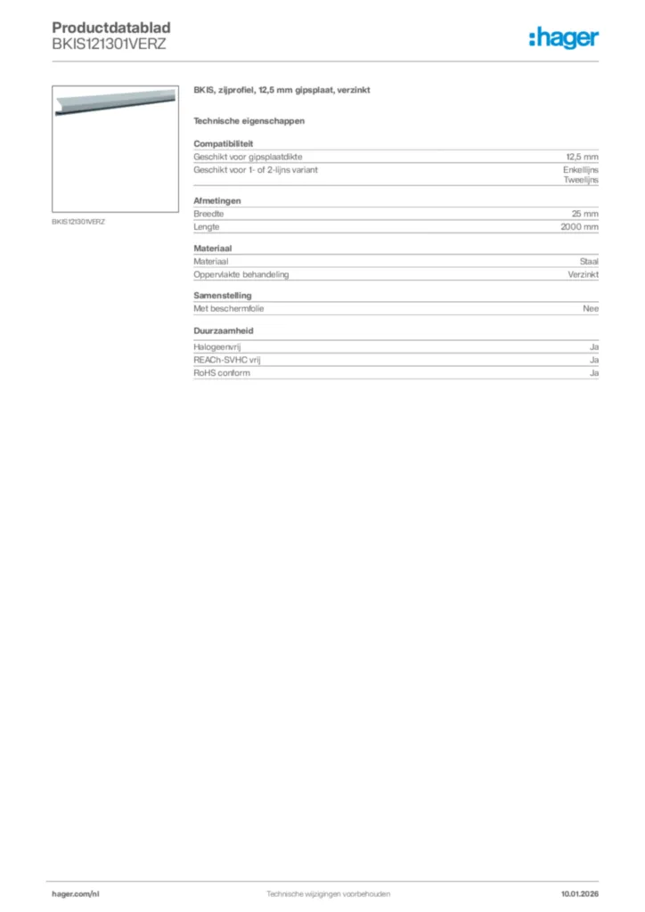 Afbeelding Hager Productdatablad BKIS121301VERZ | Hager Nederland