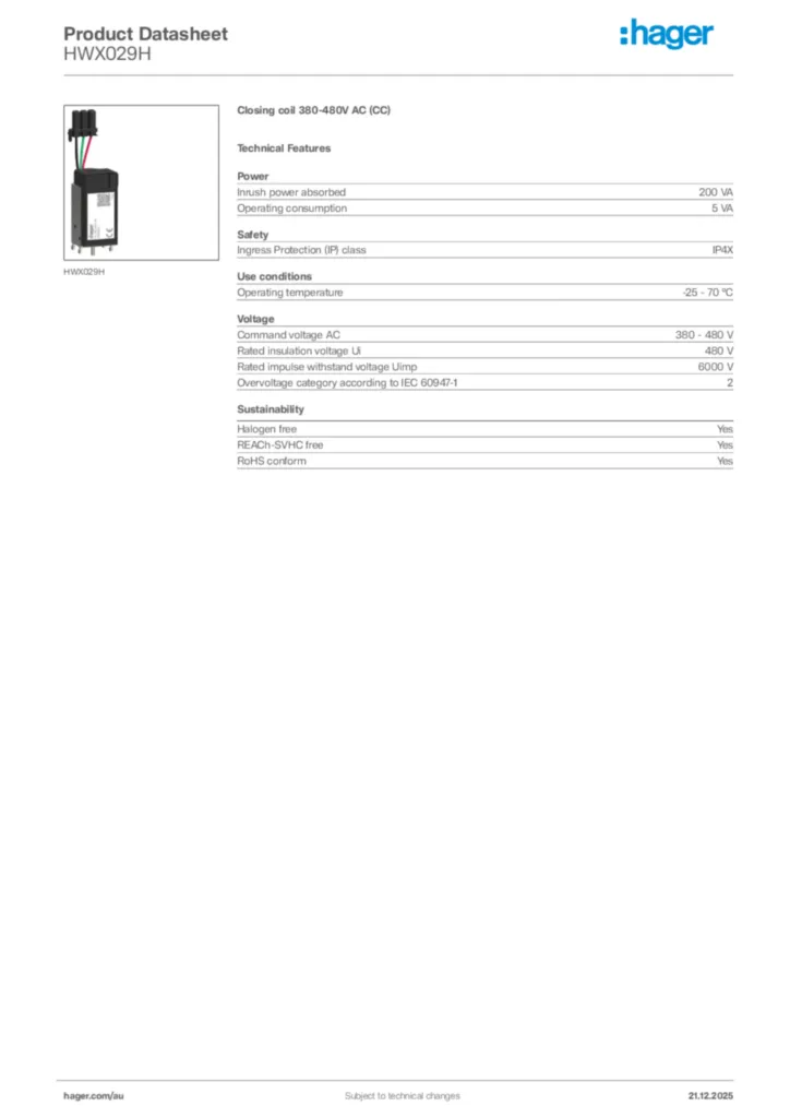 Image Hager Product data sheet HWX029H  | Hager Australia