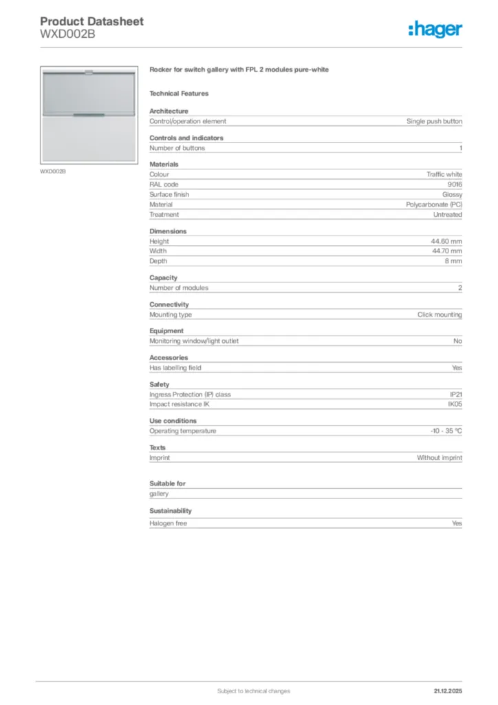 Image Hager Product data sheet WXD002B  | Hager Africa