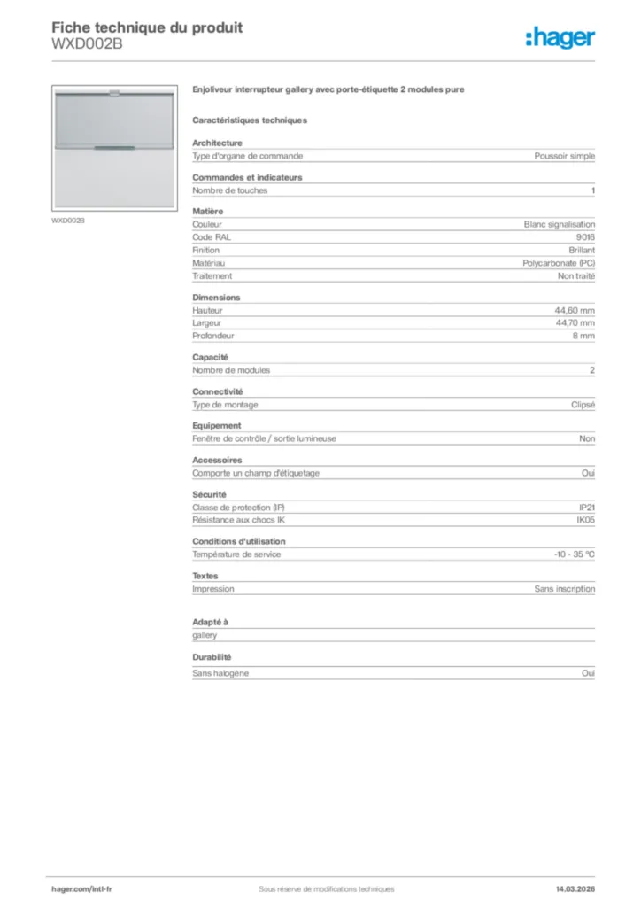 Image Hager Fiche technique du produit WXD002B | Hager Afrique