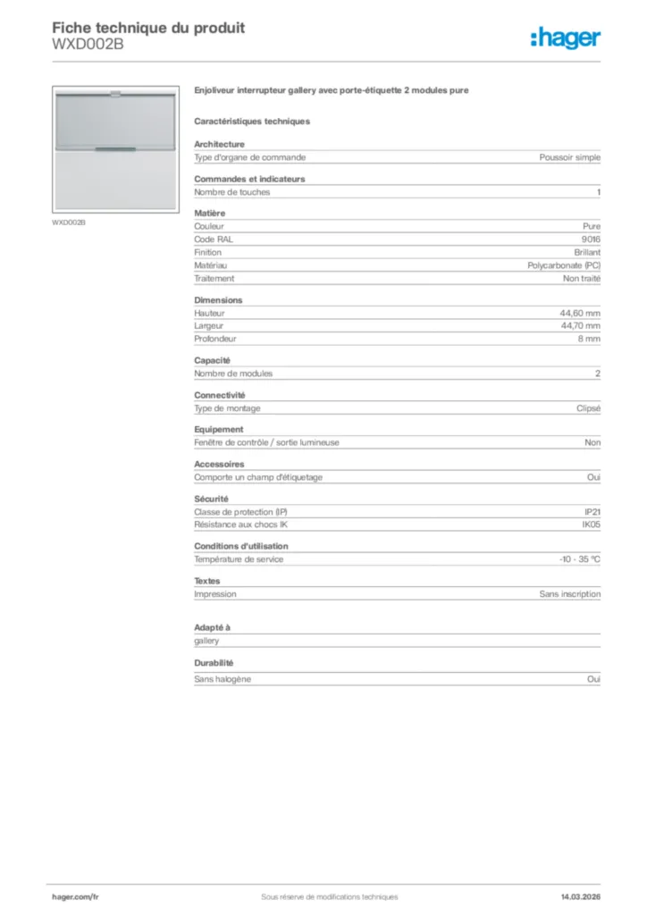 Image Hager Fiche technique du produit WXD002B | Hager France