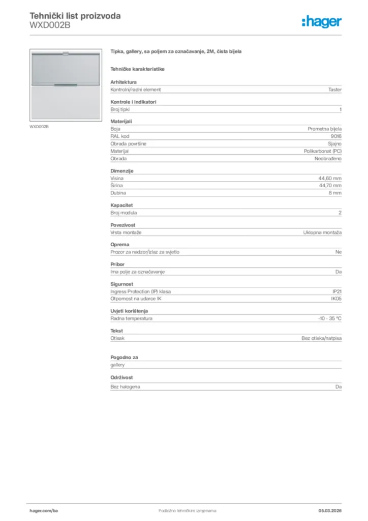 Slika Hager Tehnički list proizvoda WXD002B  | Hager