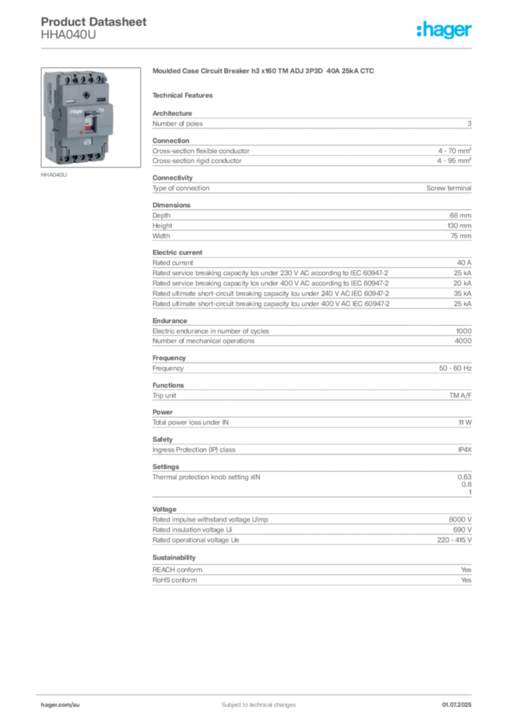 Image Hager Product data sheet HHA040U  | Hager Australia
