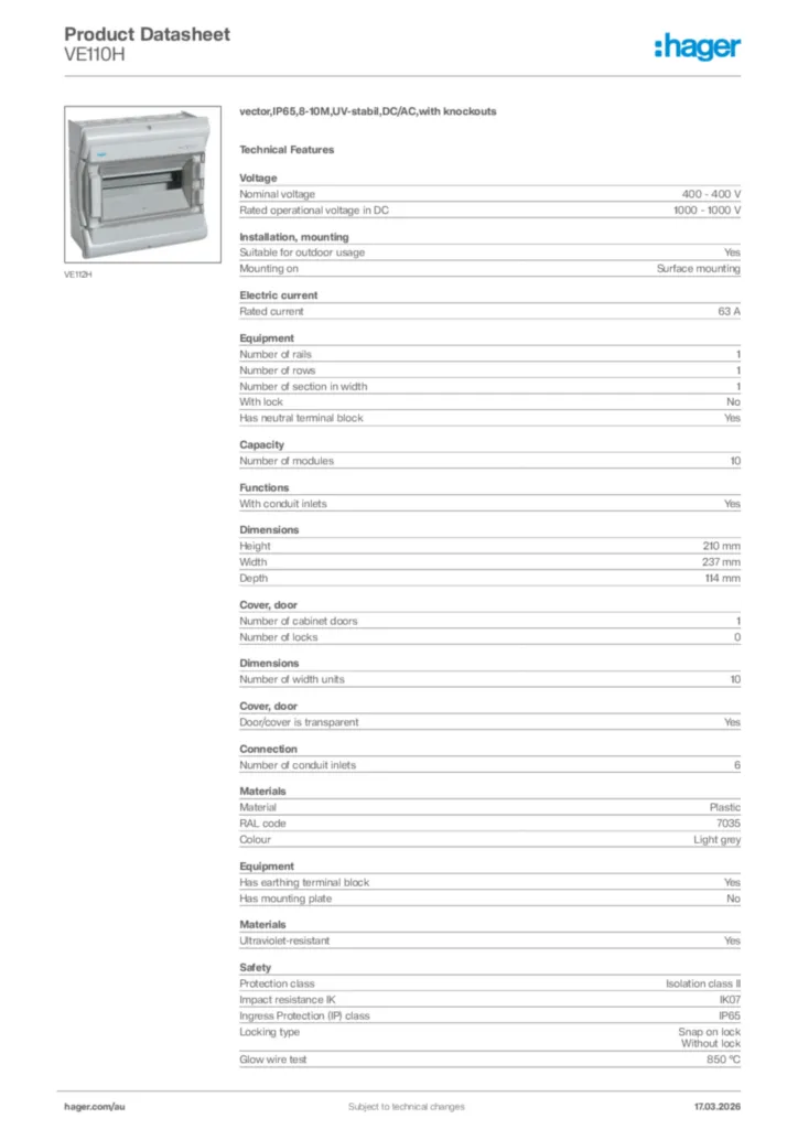 Image Hager Product data sheet VE110H  | Hager Australia