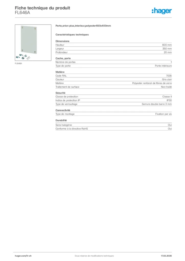 Image Hager Fiche technique du produit FL646A | Hager Suisse