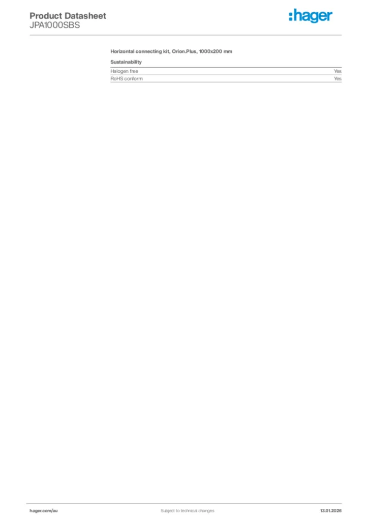 Image Hager Product data sheet JPA1000SBS  | Hager Australia