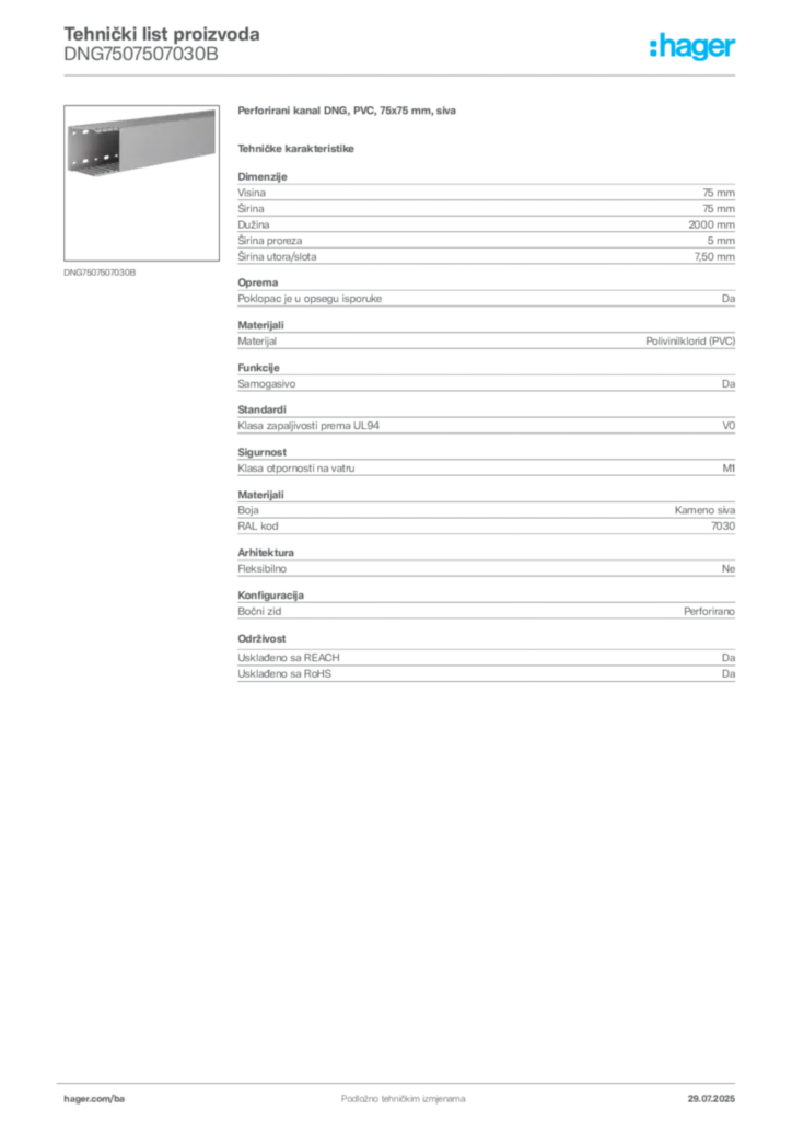Slika Hager Product data sheet DNG7507507030B  | Hager