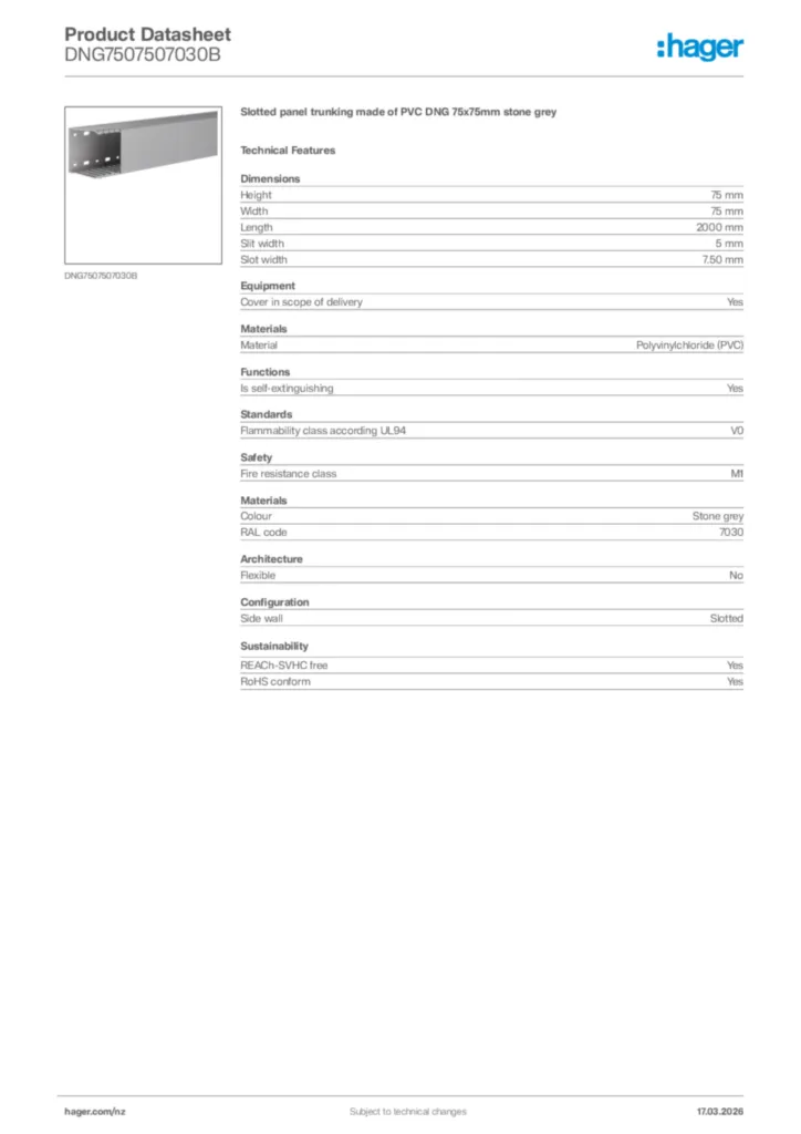 Image Hager Product data sheet DNG7507507030B  | Hager New Zealand