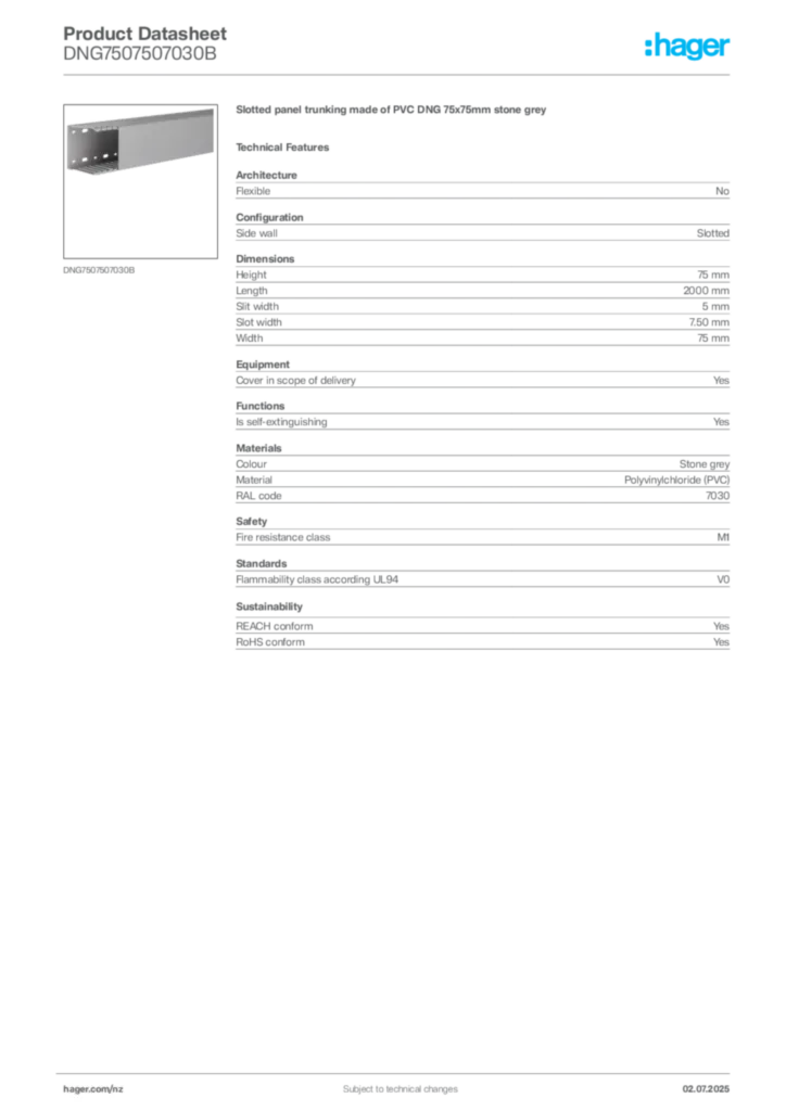 Image Hager Product data sheet DNG7507507030B  | Hager New Zealand