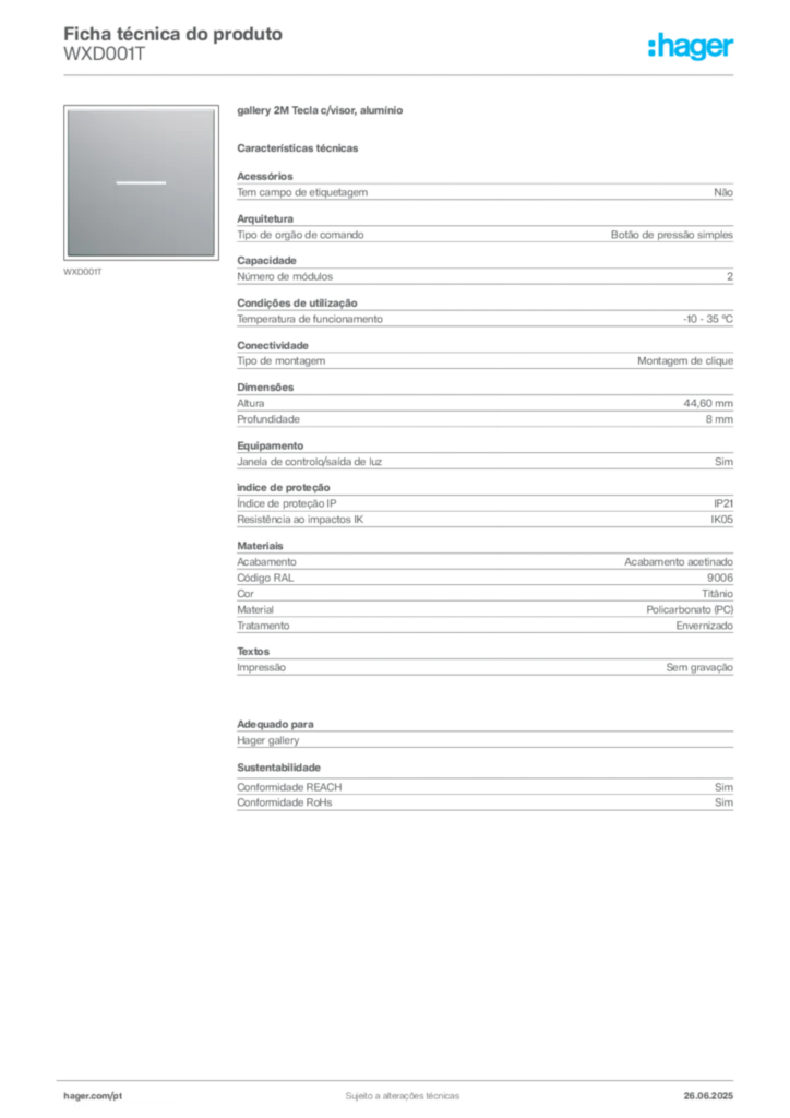 Imagem Hager Ficha técnica do produto WXD001T | Hager Portugal