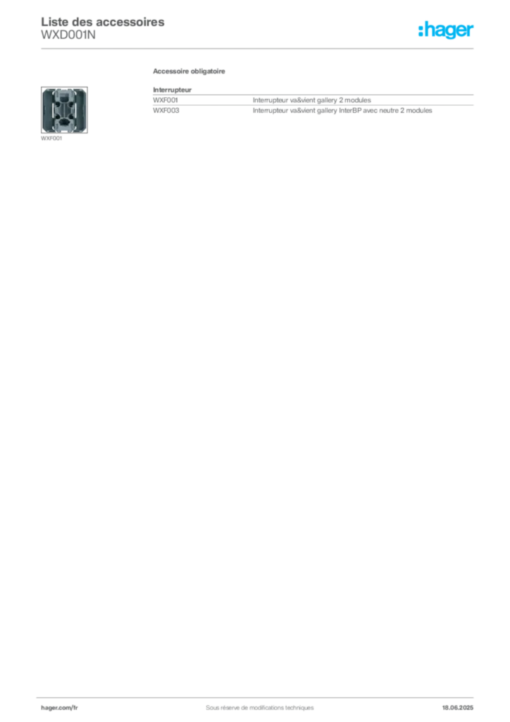 Image Hager Fiche technique du produit WXD001N | Hager France