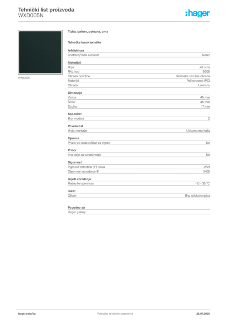 Slika Hager Product data sheet WXD005N  | Hager