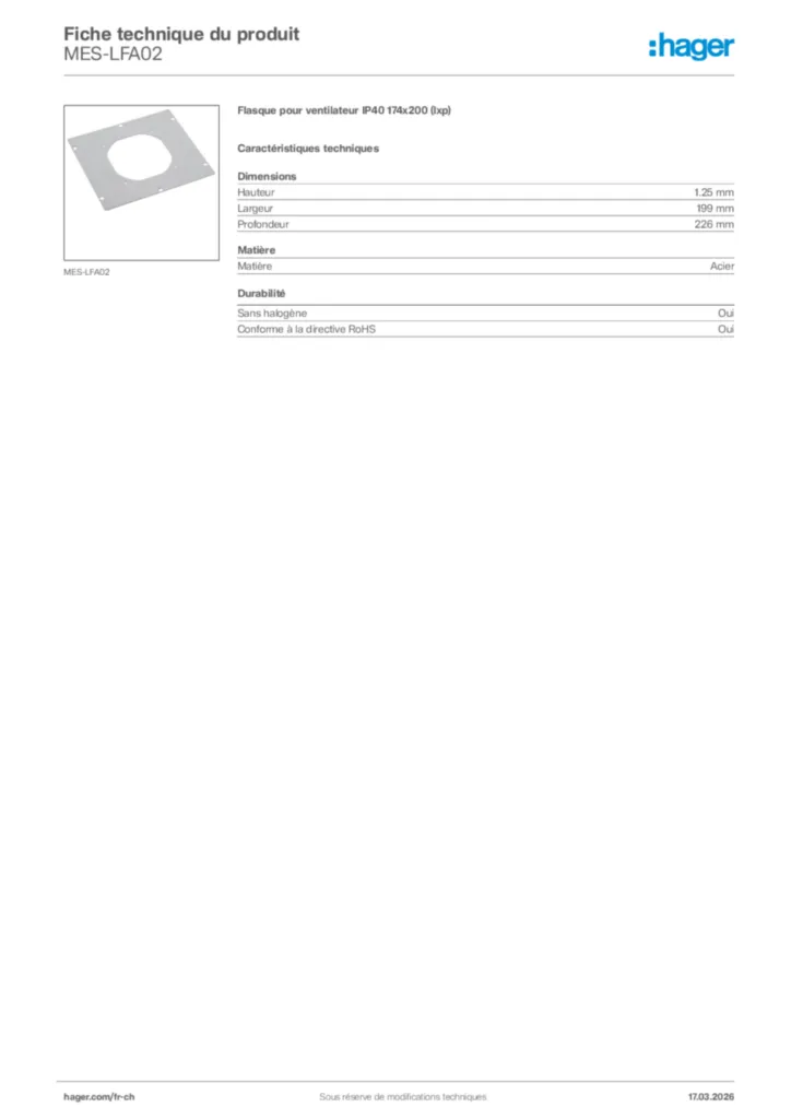 Image Hager Fiche technique du produit MES-LFA02 | Hager Suisse