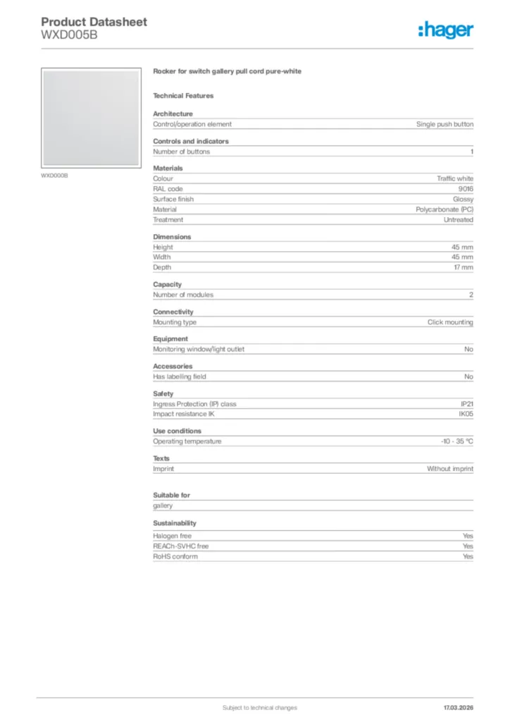 Image Hager Product data sheet WXD005B  | Hager Africa