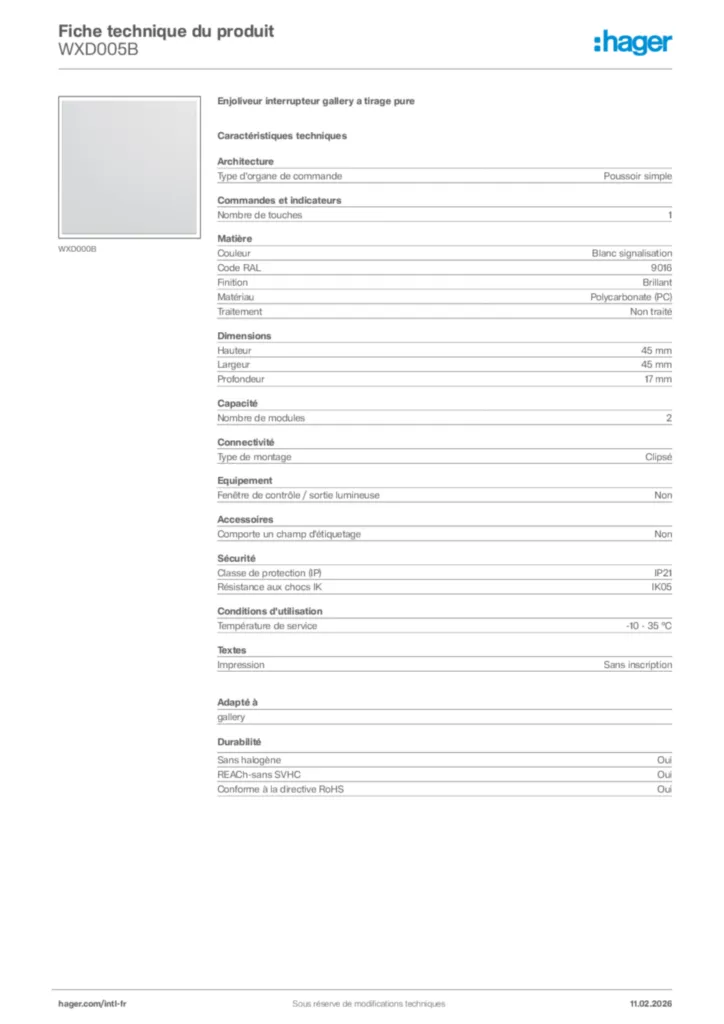 Image Hager Fiche technique du produit WXD005B | Hager Afrique
