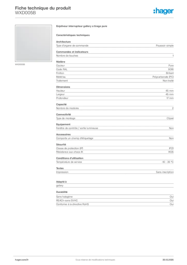 Image Hager Fiche technique du produit WXD005B | Hager France