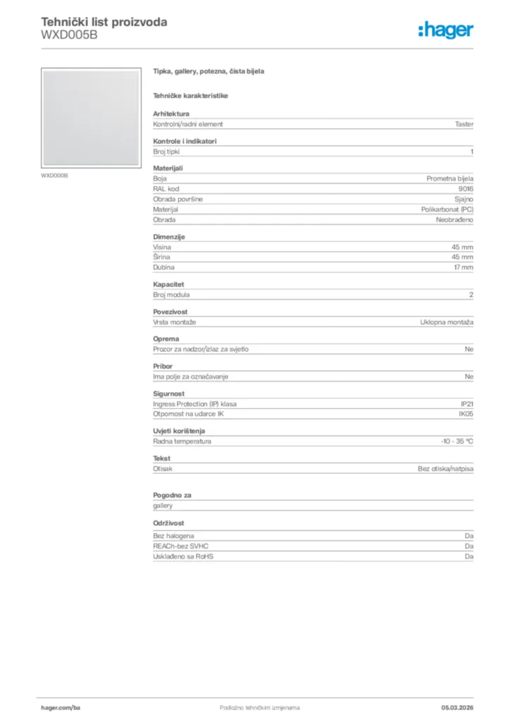 Slika Hager Tehnički list proizvoda WXD005B  | Hager