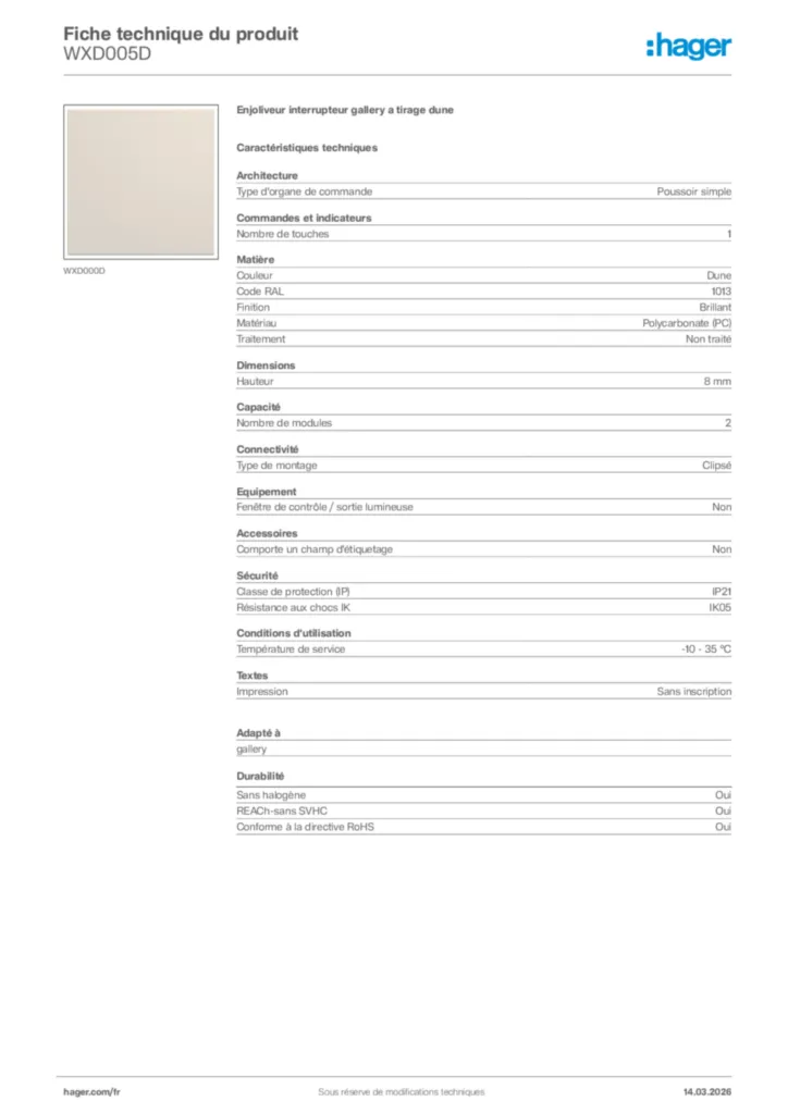 Image Hager Fiche technique du produit WXD005D | Hager France