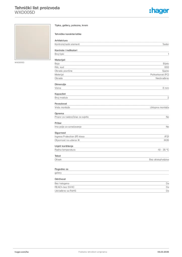 Slika Hager Tehnički list proizvoda WXD005D  | Hager