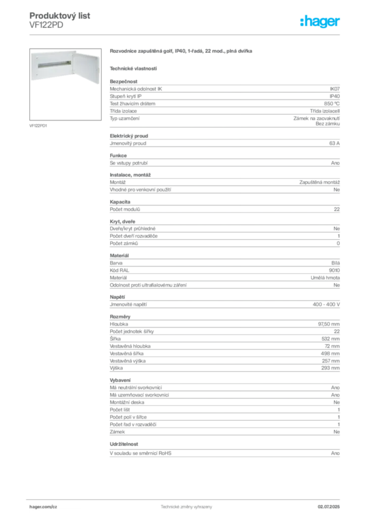 Obrázek Hager Produktový list VF122PD | Hager