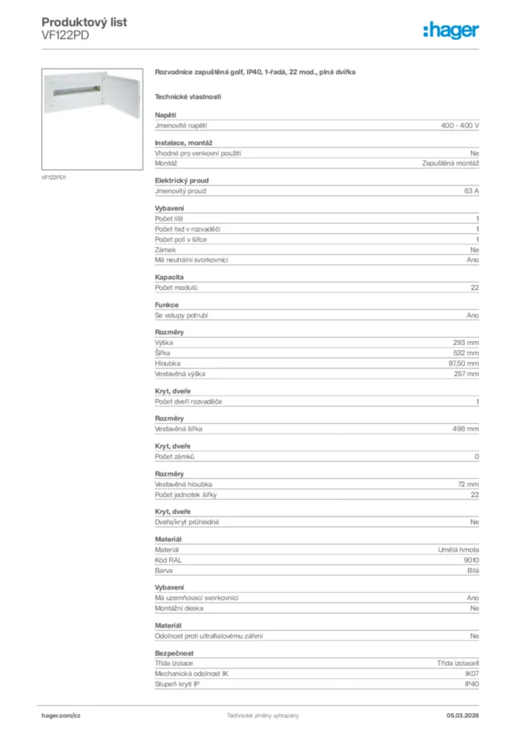 Obrázek Hager Product data sheet VF122PD | Hager