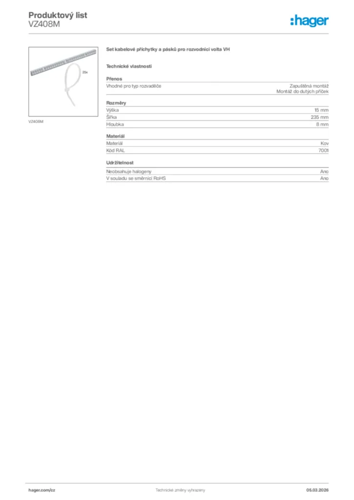 Obrázek Hager Product data sheet VZ408M | Hager