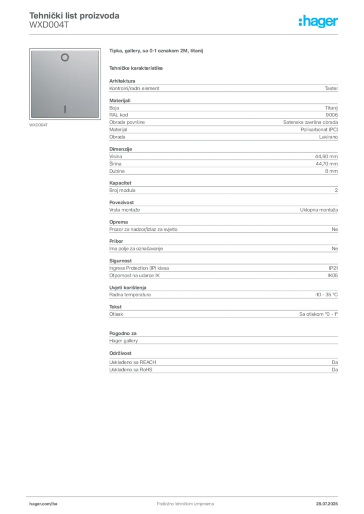 Slika Hager Product data sheet WXD004T  | Hager