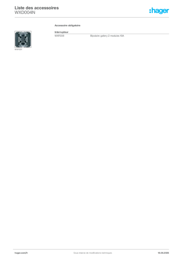 Image Hager Fiche technique du produit WXD004N | Hager France