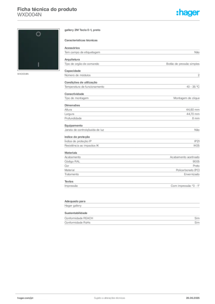 Imagem Hager Ficha técnica do produto WXD004N | Hager Portugal