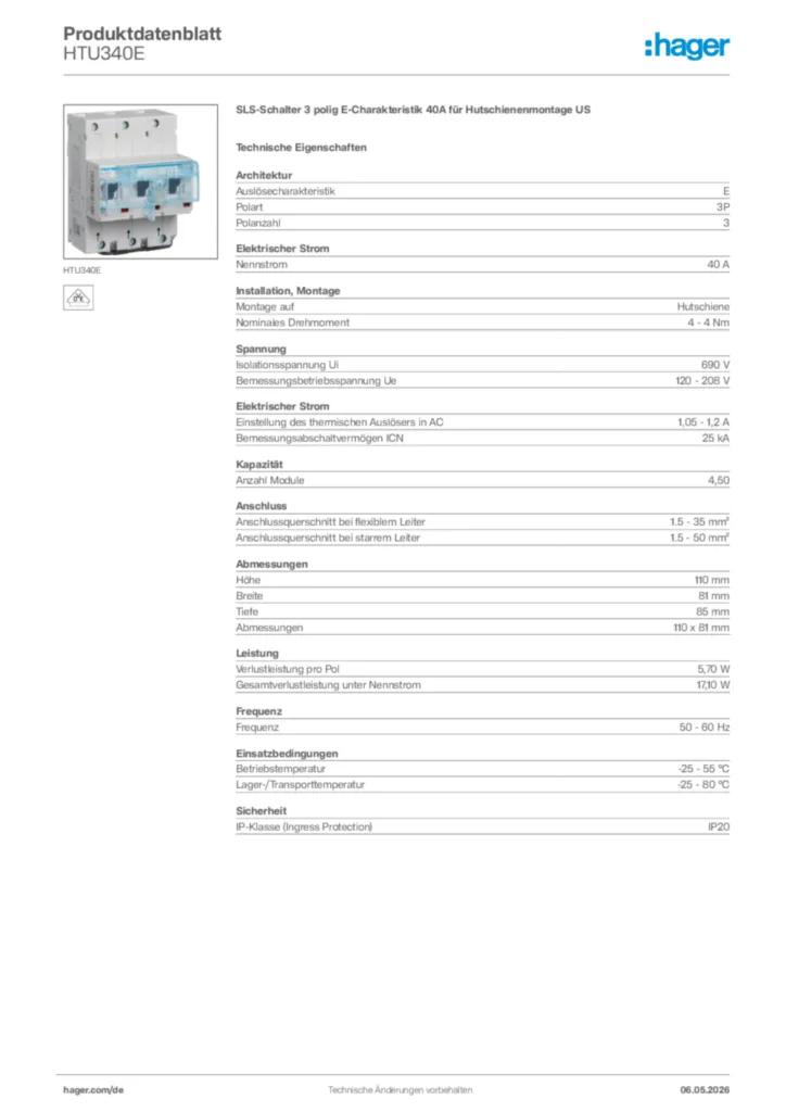 Bild Hager Produktdatenblatt HTU340E | Hager Deutschland