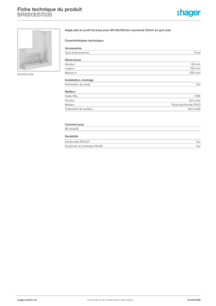 Image Hager Fiche technique du produit BR6513057035 | Hager Suisse