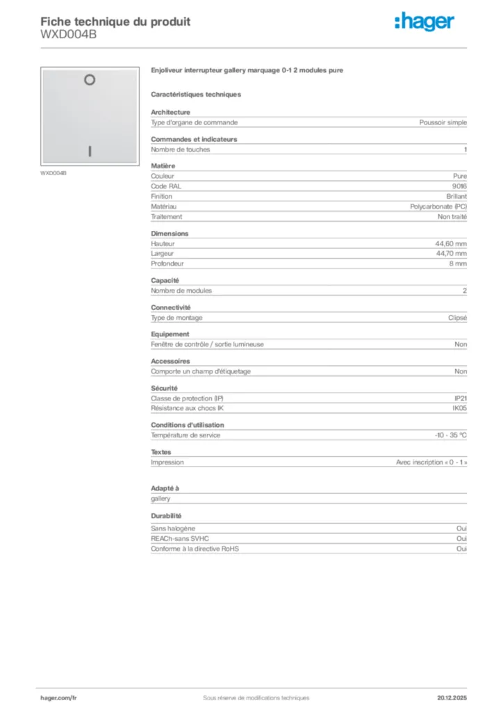Image Hager Fiche technique du produit WXD004B | Hager France