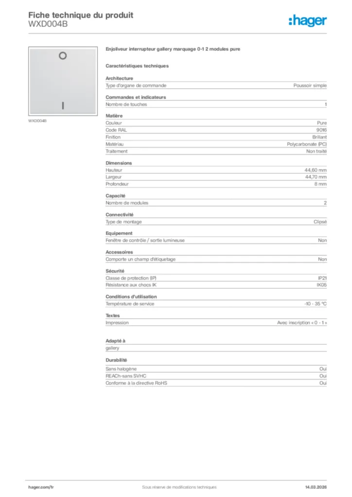 Image Hager Fiche technique du produit WXD004B | Hager France