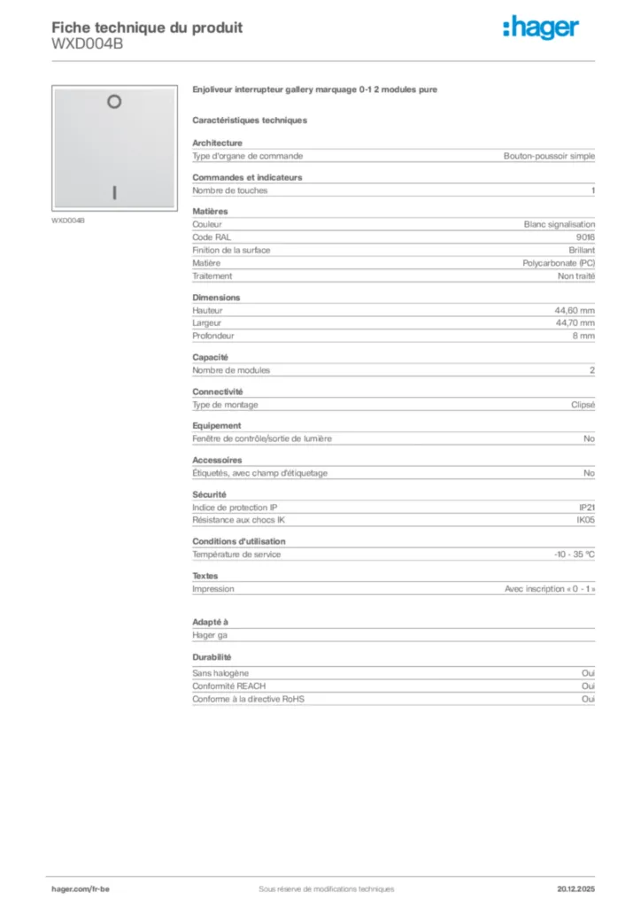 Image Hager Fiche technique du produit WXD004B | Hager Belgique