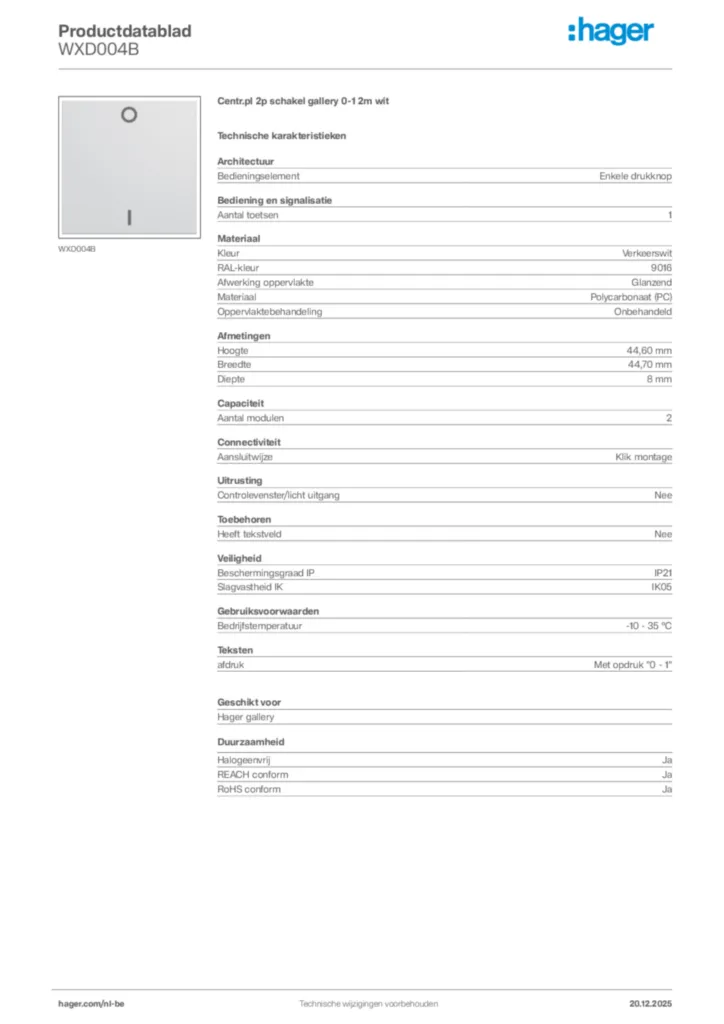 Afbeelding Hager Productdatablad WXD004B | Hager Belgium