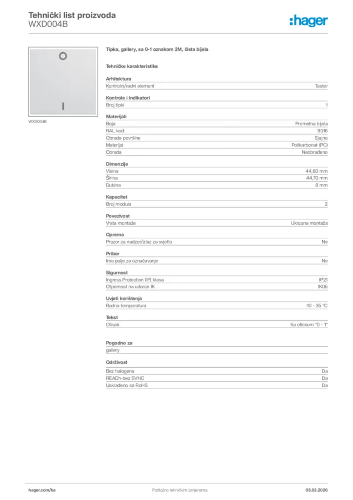 Slika Hager Tehnički list proizvoda WXD004B  | Hager