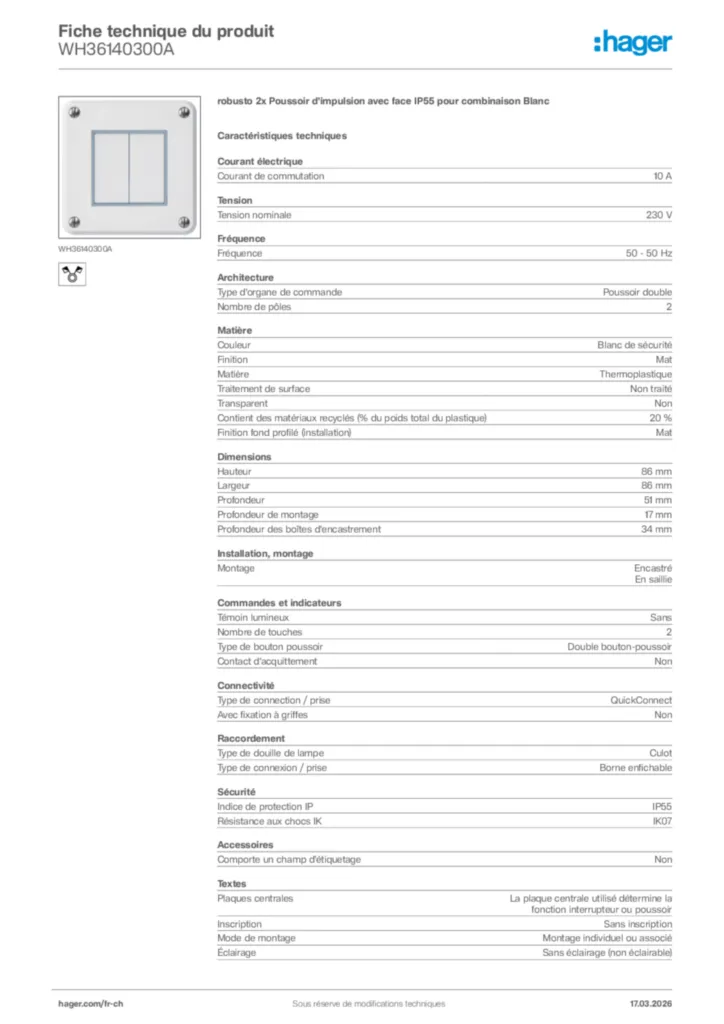 Image Hager Fiche technique du produit WH36140300A | Hager Suisse