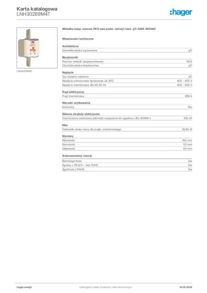 Zdjęcie Hager Karta katalogowa LNH30289M4T | Hager Polska