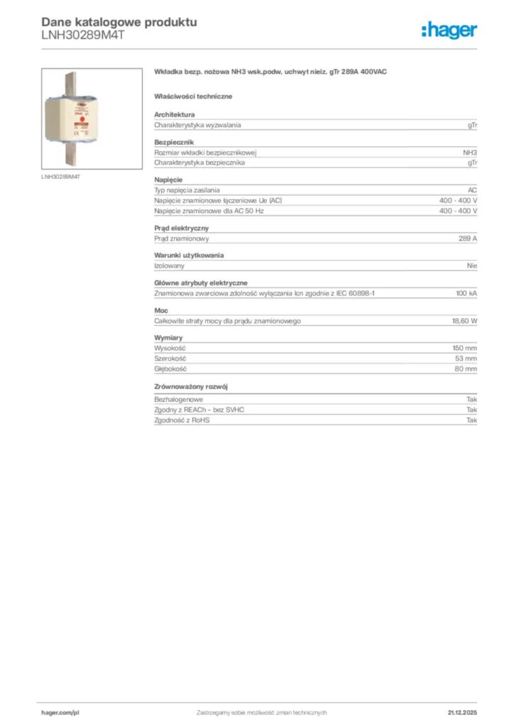 Zdjęcie Hager Dane katalogowe produktu LNH30289M4T | Hager Polska