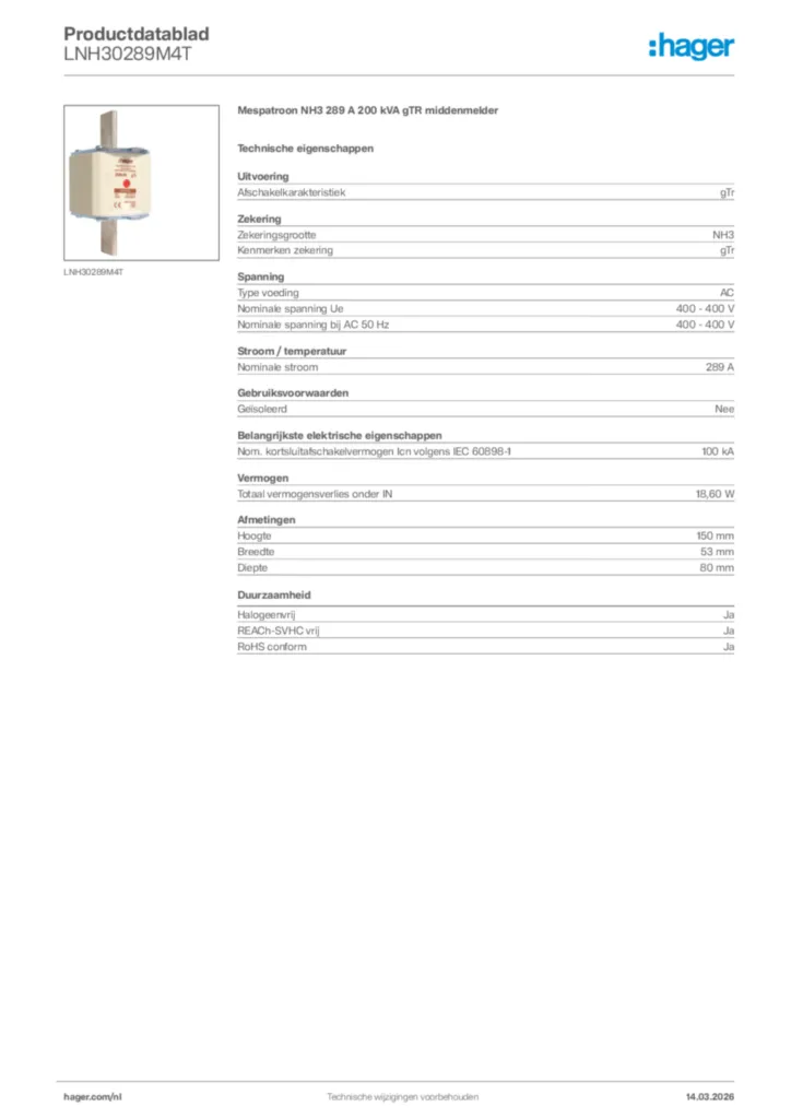Afbeelding Hager Productdatablad LNH30289M4T | Hager Nederland
