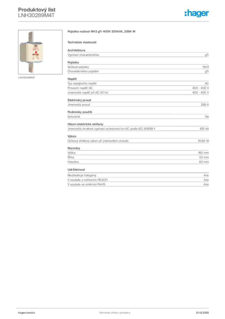 Obrázek Hager Produktový list LNH30289M4T | Hager