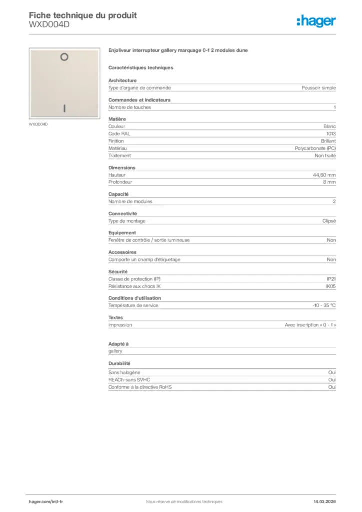 Image Hager Fiche technique du produit WXD004D | Hager Afrique