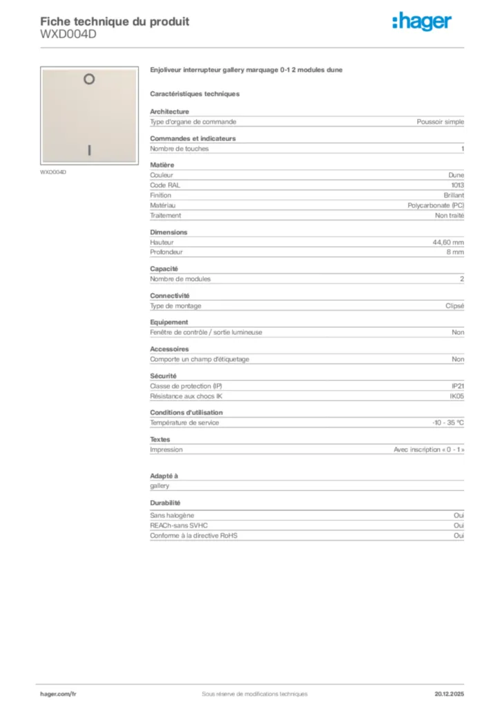 Image Hager Fiche technique du produit WXD004D | Hager France