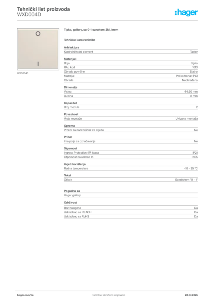 Slika Hager Product data sheet WXD004D  | Hager
