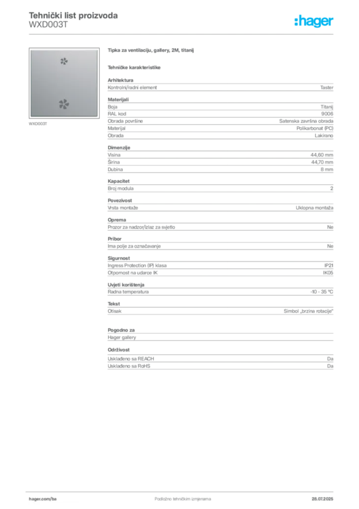 Slika Hager Product data sheet WXD003T  | Hager