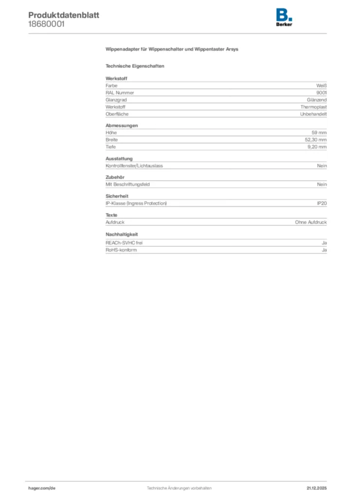 Bild Berker Produktdatenblatt 18680001 | Hager Deutschland
