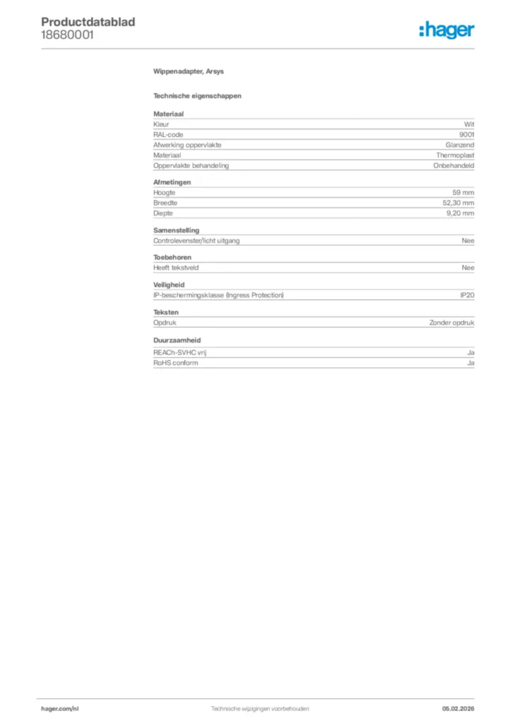 Afbeelding Hager Productdatablad 18680001 | Hager Nederland